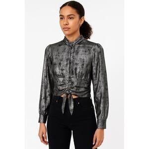 Topshop Blouse Womens US 6 Metallic Grey HighNeck Cropped Long Sleeve Tied Waist